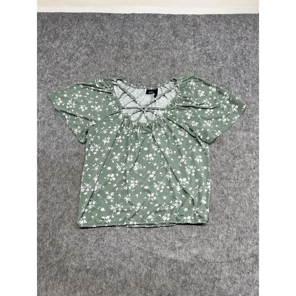 Daytrip Shirt Womens L Green Floral Flutter Sleeve Keyhole Strap‎ Top Casual
